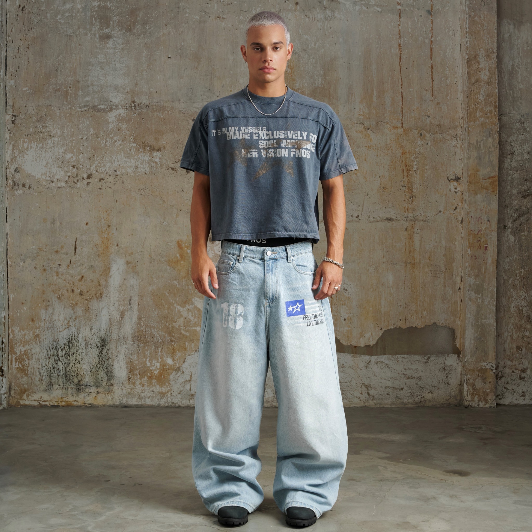 TWG32 - WASHED BOXY TEE WITH PRINTS AND PATTERNS - NAVY