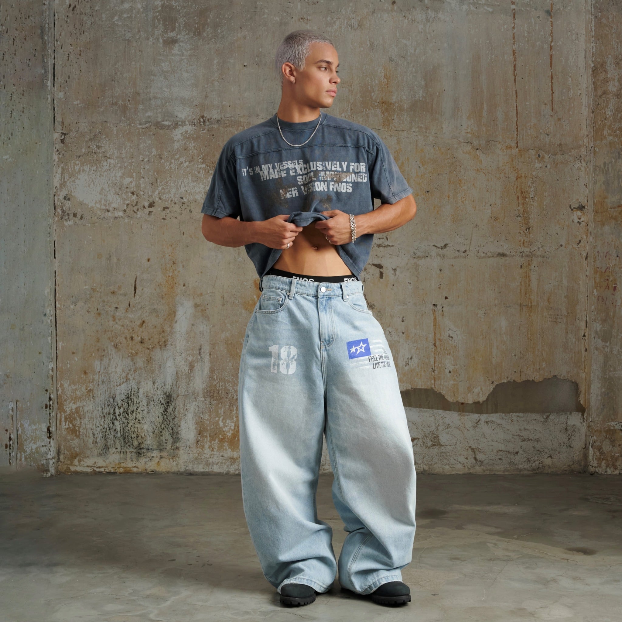 TWG32 - WASHED BOXY TEE WITH PRINTS AND PATTERNS - NAVY