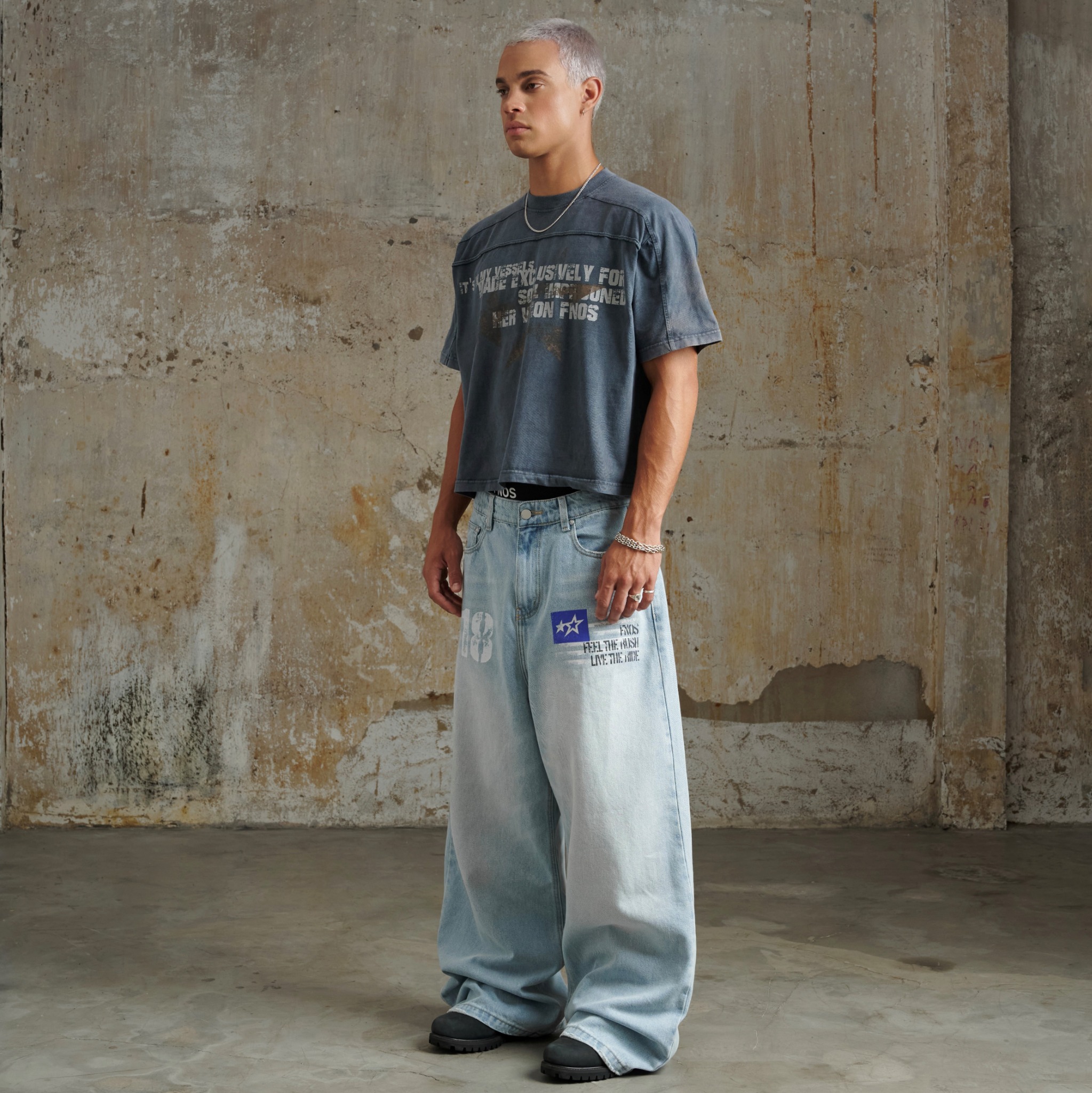 TWG32 - WASHED BOXY TEE WITH PRINTS AND PATTERNS - NAVY