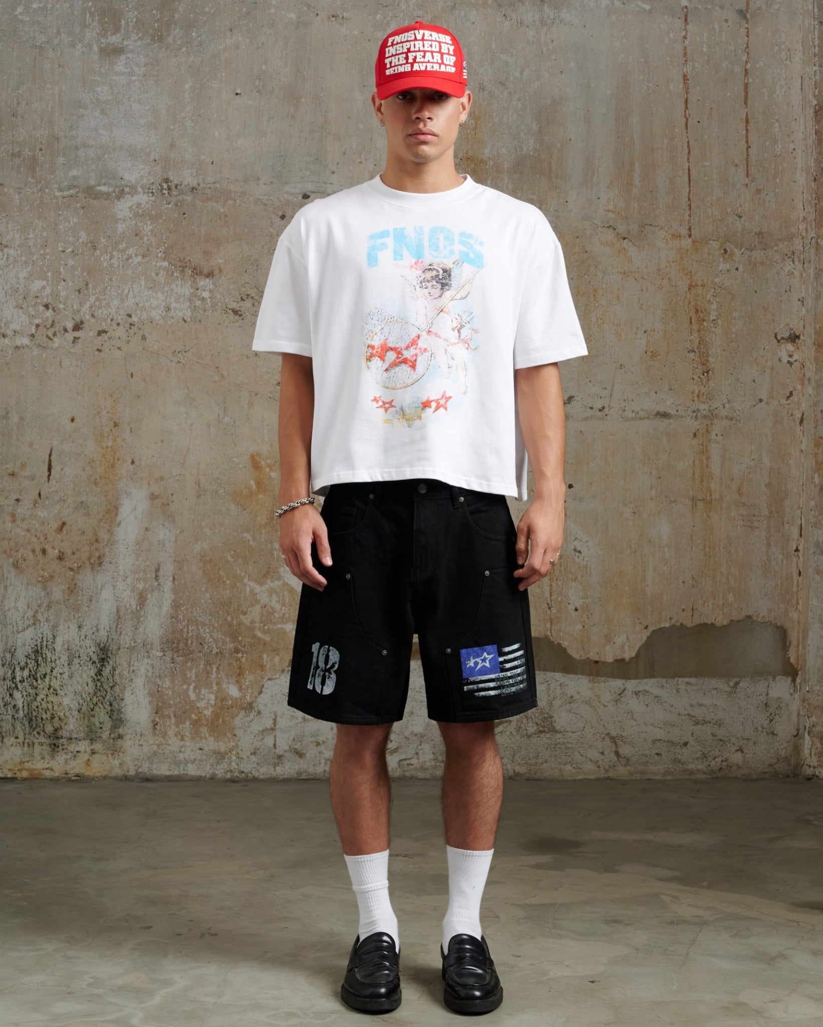 SJ1 - WASHED FLAG PRINT JEAN SHORTS - BLACK